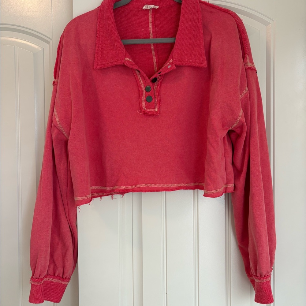 POL Cropped Button Polo Top in Coral Red